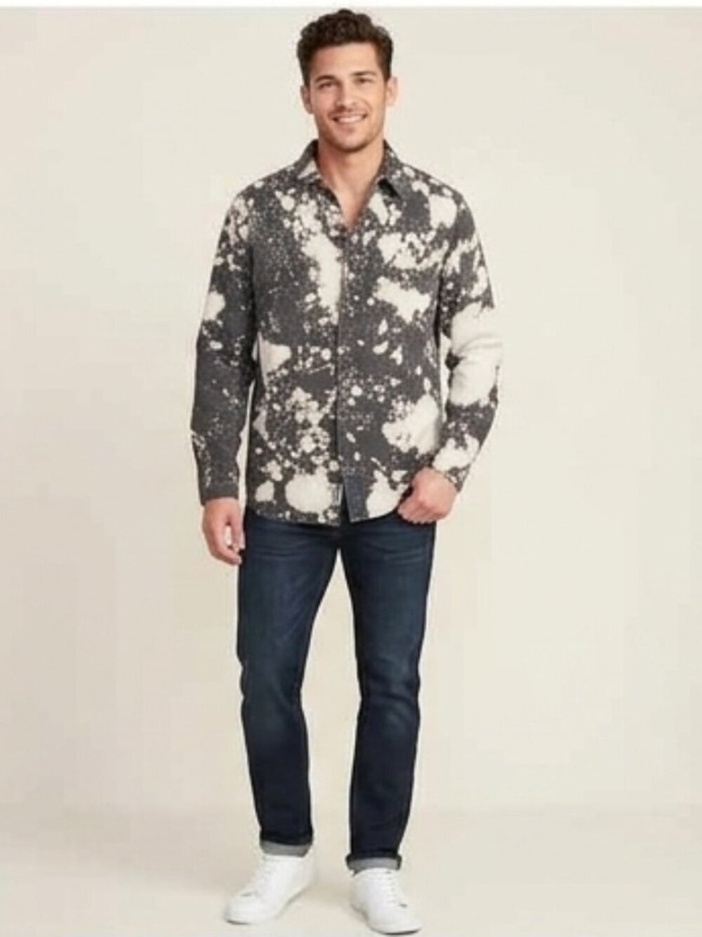 Old Navy Men's Size L Bleach Splatter Print Oversized Denim Button Down Shacket